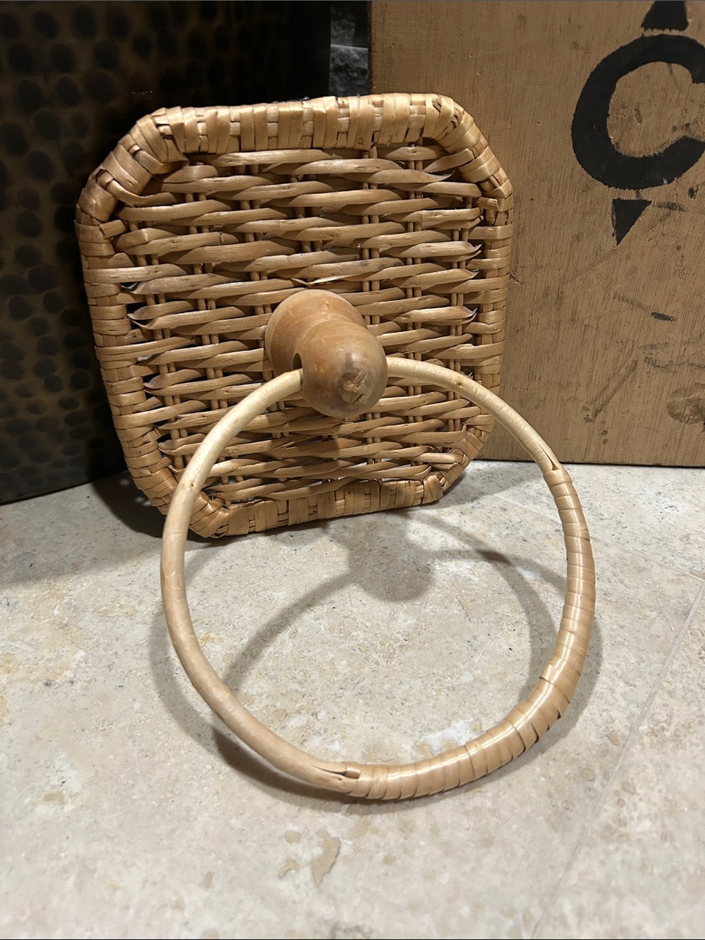 vintage bohemian wicker and wood hand towel holder